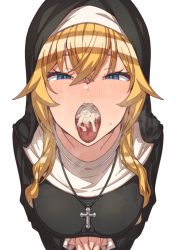 1girl blonde_hair blue_eyes blush cross cross_necklace cum cum_in_mouth cum_on_tongue erere habit half-closed_eyes jewelry long_hair looking_at_viewer necklace nun open_mouth original simple_background solo tongue tongue_out white_background rating:Explicit score:329 user:danbooru