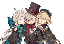  1girl 2boys :d :o ^_^ aiwo_o_lite animal_ear_fluff animal_ears aqua_bow aqua_bowtie award_ribbon beret black_capelet black_corset black_dress black_gloves black_hat black_jacket black_shirt blonde_hair blue_eyes blue_hat blunt_bangs blush bow bowtie brother_and_sister brothers brown_bow brown_bowtie buttons capelet cat_ears center_frills closed_eyes commentary_request corset dress eyelashes facial_mark freminet_(genshin_impact) frills genshin_impact gloves gold_trim grey_hair hair_between_eyes hair_bow hair_over_one_eye hand_on_another&#039;s_shoulder hat huge_bow jacket juliet_sleeves long_hair long_sleeves looking_at_another looking_to_the_side low_ponytail lynette_(genshin_impact) lyney_(genshin_impact) multicolored_hair multiple_boys one_eye_covered open_mouth parted_bangs ponytail puffy_sleeves purple_eyes red_bow red_bowtie red_hair shirt short_dress short_hair shrug_(clothing) siblings sidelocks simple_background sleeve_cuffs sleeveless sleeveless_shirt smile star_(symbol) star_facial_mark streaked_hair swept_bangs teardrop_facial_mark tilted_headwear top_hat two-tone_gloves very_long_hair white_background white_gloves white_shirt 