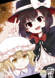  2girls :d black_capelet black_headwear black_skirt blonde_hair bow bowtie brown_hair buttons capelet chibi closed_mouth collared_dress commentary_request double_v dress fedora hair_between_eyes hat hat_bow long_sleeves maribel_hearn mob_cap multiple_girls open_mouth purple_dress red_bow red_bowtie red_capelet red_eyes ribbon-trimmed_capelet ribbon_trim shirt short_hair skirt smile touhou two-tone_capelet usami_renko v white_bow white_headwear white_shirt yellow_eyes zetsumame 