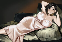  1girl absurdres black_hair blush breasts cleavage cleavage_cutout clothing_cutout dress feet_out_of_frame fine_art_parody highres huge_breasts indoors la_maja_desnuda looking_at_viewer lying mole mole_on_breast mole_on_cheek on_side original parody pupi_(rain_prophet) sleeveless sleeveless_dress smile solo white_dress 