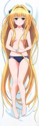 1girl absurdly_long_hair absurdres barefoot bed_sheet black_panties blonde_hair blush breasts brown_eyes collarbone dakimakura_(medium) feet full_body hair_ornament highres huge_filesize konjiki_no_yami long_hair long_image looking_at_viewer lying navel official_art on_back own_hands_together panties scan small_breasts solo tall_image to_love-ru toes topless underwear very_long_hair rating:Questionable score:32 user:spiderfan