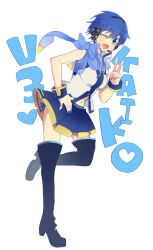  1girl blue_eyes blue_hair blue_nails blue_scarf blue_skirt blush boots character_name commentary_request full_body genderswap genderswap_(mtf) hair_between_eyes hand_on_own_hip headphones kaito_(vocaloid) kaito_(vocaloid3) looking_at_viewer mouthpiece nail_polish navel one_eye_closed open_mouth pleated_skirt scarf see-through_scarf short_hair sinaooo skirt sleeveless solo standing standing_on_one_leg thigh_boots v vocaloid white_background 