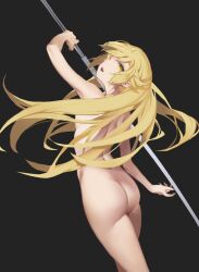  1girl ass bakemonogatari black_background blonde_hair breasts completely_nude fang highres icy02 katana long_hair looking_at_viewer monogatari_(series) nude open_mouth oshino_shinobu simple_background small_breasts solo sword teeth upper_teeth_only weapon yellow_eyes  rating:Questionable score:51 user:quinn1234567899