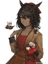  1girl 3boys absurdres aircraft airplane animal_ears black_hat blonde_hair bow box box_of_chocolates braid brown_hair brown_jacket bushi_shui_zi_ba candy cat_boy cat_ears cat_tail chibi chocolate chocolate_heart collarbone cowboy_shot cropped_jacket dress facial_mark final_fantasy final_fantasy_xiv flying_boat food goggles goggles_on_head hair_bow hand_on_own_shoulder hat heart highres holding holding_box in_box in_container jacket lace-trimmed_jacket lace-trimmed_sleeves lace_trim long_sleeves looking_at_viewer mini_person miniboy miqo&#039;te multiple_boys orange_dress person_on_shoulder pouch short_hair side_braid simple_background single_braid sitting_on_shoulder slit_pupils smile solo_focus tail warrior_of_light_(ff14) weibo_logo weibo_watermark white_background white_hair witch_hat yellow_eyes 