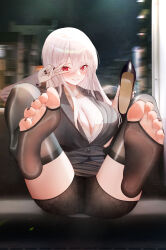  1girl absurdres barefoot blush feet highres long_hair looking_at_viewer office_lady parted_lips red_eyes shoes single_shoe soles toeless_legwear toes train_interior unworn_shoes ursica v vocaloid white_hair yowane_haku 