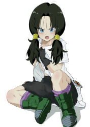  1girl absurdres badge bike_shorts black_gloves black_hair black_shorts blue_eyes blunt_ends blush boots clothes_grab commentary_request crotch crotch_seam curtained_hair dragon_ball dragonball_z fingerless_gloves fingernails gloves green_footwear groin_outline hair_ornament hair_tubes hand_up highres knee_up long_hair looking_at_viewer loose_hair_strand low_twintails open_mouth rauto shadow shirt shorts simple_background sitting solo teeth thighs toned twintails upper_teeth_only videl white_background white_shirt 