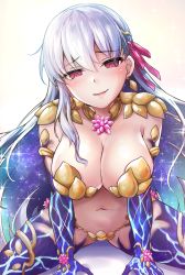 1girl absurdres armlet blush breasts cleavage earrings fate/grand_order fate_(series) flower hair_ribbon highres jewelry kama_(fate) kama_(third_ascension)_(fate) large_breasts long_hair looking_at_viewer navel parted_lips red_eyes ribbon samoore silver_hair smile solo sparkle thighs rating:Sensitive score:19 user:danbooru