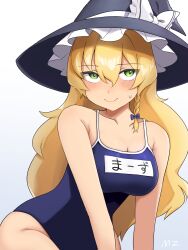  1girl black_hat blonde_hair blue_bow blue_one-piece_swimsuit blush bow braid breasts character_name cleavage closed_mouth cookie_(touhou) cowboy_shot green_eyes grey_background hair_between_eyes hat hat_bow highres kirisame_marisa large_breasts long_bangs looking_at_viewer mars_(cookie) medium_breasts name_tag one-piece_swimsuit pura_(aiueo256375) shiny_skin side_braid simple_background single_braid smile solo swimsuit touhou white_bow witch_hat 