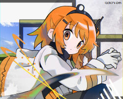  1girl a.i._voice adachi_rei black_sweater bliss_(image) character_name closed_mouth gloves headlamp highres jacket long_sleeves looking_at_viewer morizo_(morizoshop) one_side_up open_clothes open_jacket orange_eyes orange_hair solo sweater turtleneck turtleneck_sweater utau white_gloves white_jacket window_(computing) windows_desktop windows_xp 