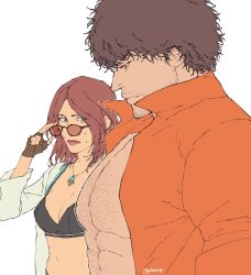 1boy 1girl abs adjusting_eyewear bara bare_pectorals beard_stubble black_hair breasts brown_gloves brown_hair chest_hair collared_shirt facial_hair fingerless_gloves from_side girl_staring_at_guys_chest_(meme) gloves highres jewelry kamii_(gloominny) katarina_alves large_pectorals looking_at_another looking_at_pectorals mature_male medium_breasts meme miguel_caballero_rojo muscular muscular_male mustache_stubble necklace nipples orange_shirt pectoral_focus pectorals shirt short_hair stubble sunglasses tekken tekken_7 twitter_username whale_tail_(clothing)