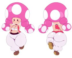  1girl 2022 ass ass_focus blush breasts cleavage eric_lowery female_focus huge_ass large_breasts mario_(series) multiple_views navel nintendo pink_hair shoes shortstack simple_background smile sssonic2 tagme thick_thighs thighs third-party_edit toadette vest waving white_background wide_hips 
