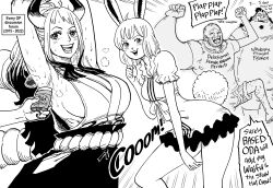  2boys 2girls absurdres animal_ears armpits bb_(baalbuddy) breasts carrot_(one_piece) cleavage deodorant english_text fish_boy furry furry_female highres horns jinbe_(one_piece) large_breasts looking_at_viewer monochrome multiple_boys multiple_girls one_piece open_mouth rabbit_ears rabbit_girl rabbit_tail sideboob smile speech_bubble tail wojak yamato_(one_piece) 