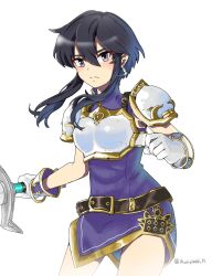  1girl armor belt black_hair breastplate earrings fire_emblem fire_emblem:_genealogy_of_the_holy_war gloves hair_between_eyes highres holding holding_sword holding_weapon jewelry larcei_(fire_emblem) looking_at_viewer meriaiwaki_fe nintendo purple_tunic short_hair shoulder_armor sidelocks solo sword tomboy tunic weapon white_background 