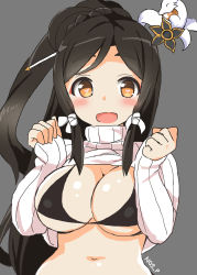 1girl absurdres ara_han black_hair blush breasts brown_eyes cleavage clothes_lift elsword female_focus hair_ornament highres large_breasts little_xia_(elsword) long_hair looking_at_viewer navel open_mouth ponytail shirt shirt_lift smile solo upper_body  rating:Questionable score:14 user:ga2008