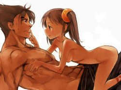  1boy 1girl abs aged_down assertive_female bad_id bad_pixiv_id breasts brown_hair clothed_male_nude_female couple finger_to_mouth from_side girl_on_top height_difference heisa hetero kazama_jin ling_xiaoyu loli long_hair muscular nervous nipples nude petite small_breasts straddling sweatdrop tekken topless_male twintails white_background  rating:Questionable score:263 user:danbooru