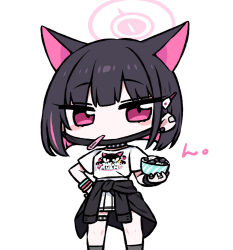  1girl animal_ears animal_print black_choker black_hair black_jacket black_mask black_wristband blue_archive blue_wristband blush_stickers bob_cut cat_ears cat_print chan_co chibi choker colored_inner_hair ear_piercing earrings extra_ears food grey_socks hair_behind_ear hair_ornament hairclip halo hand_on_own_hip ice_cream jacket jewelry kazusa_(band)_(blue_archive) kazusa_(blue_archive) knees looking_at_viewer mask mask_lift medium_hair mouth_hold mouth_mask multicolored_hair parfait piercing pink_eyes pink_hair pink_halo pink_wristband pleated_skirt print_shirt red_wristband ring shirt short_sleeves simple_background skirt socks solo standing streaked_hair stud_earrings t-shirt thigh_strap thighs tied_jacket two-tone_hair white_background white_shirt white_skirt wristband 