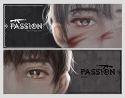  2boys absurdres blood blood_on_face border brother_nim brown_hair character_name copyright_name eye_focus eye_reflection grey_border grey_hair gun highres ilay_riegrow jeong_taeui korean_text looking_at_viewer male_focus multiple_boys passion_(manhwa) reflection short_hair weapon 