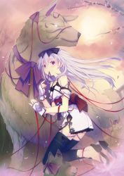  1girl absurdres bare_shoulders black_thighhighs bow cherry_blossoms fingerless_gloves gloves hair_between_eyes hair_bow highres light_purple_hair long_hair mouth_hold petals purple_eyes ribbon ribbon_in_mouth ruroo sandals scan solo tabi thighhighs white_gloves wolf  rating:Sensitive score:10 user:danbooru