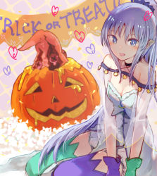  1girl :d asymmetrical_gloves asymmetrical_legwear bare_shoulders blue_eyes blue_hair blush breasts capelet choker cleavage fate/grand_order fate_(series) gloves hair_ornament hair_scrunchie heart inaeda_kei jack-o&#039;-lantern long_hair looking_at_viewer medea_(lily)_(fate) mismatched_gloves mismatched_legwear open_mouth pointy_ears ponytail scrunchie see-through small_breasts smile solo thighhighs trick_or_treat very_long_hair  rating:Sensitive score:4 user:danbooru