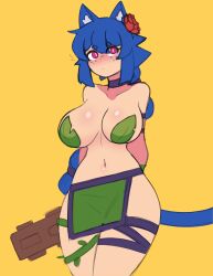  1girl absurdres animal_ear_fluff animal_ears arms_behind_back blue_hair blush braid braided_ponytail breasts cat_ears cat_girl cat_tail choker club_(weapon) collarbone cosplay cowboy_shot doce dryad_(terraria) dryad_(terraria)_(cosplay) female_focus flower freckles hair_flower hair_ornament highres holding holding_weapon large_breasts leaf_bikini loincloth long_hair navel original pink_eyes plant red_flower simple_background solo tail terraria vines weapon xiao_(docecaedrus) yellow_background 