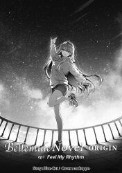  1girl absurdres arm_up backlighting closed_mouth commentary_request copyright_name denonbu full_body greyscale highres hood hood_down hoodie lico_(denonbu) long_hair long_sleeves looking_at_viewer mokoppe monochrome night night_sky novel_illustration official_art on_roof outdoors rooftop second-party_source shoes shorts sky smile sneakers solo standing standing_on_one_leg star_(sky) starry_sky 