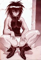  1990s_(style) 1girl boots breasts covered_erect_nipples dress high_collar highleg highleg_panties large_breasts melfina melfina_(outlaw_star) mogudan monochrome outlaw_star panties retro_artstyle short_dress smile solo spread_legs squatting translation_request underwear  rating:Questionable score:46 user:danbooru
