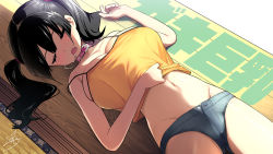  1girl bare_arms bare_shoulders black_hair blouse blue_shorts blush breasts camisole cleavage closed_eyes collar collarbone crop_top denim denim_shorts drooling fang groin kaedeko_(kaedelic) large_breasts loli long_hair lying micro_shorts midriff navel on_back open_fly open_mouth oppai_loli original pink_collar sasaki_kanna_(kaedeko) shade shirt shorts sleeping sleeveless sleeveless_shirt spaghetti_strap stomach thighs twintails wooden_floor yellow_shirt  rating:Questionable score:127 user:danbooru