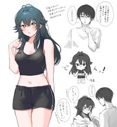  1boy 1girl antenna_hair black_shorts black_tank_top blush breasts cleavage collarbone commentary_request crop_top dolphin_shorts gakuen_idolmaster green_eyes green_hair hair_flaps hand_on_own_chin hetero highres idolmaster long_hair looking_at_another medium_breasts midriff multiple_views navel nervous_sweating orenjisiro partially_colored producer_(idolmaster) short_shorts shorts speech_bubble stomach stroking_own_chin sweat tank_top translation_request tsukimura_temari very_long_hair 