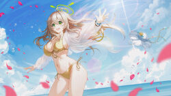  1girl :d absurdres bikini blonde_hair blue_archive blurry bracelet breasts cloud day depth_of_field falling_petals green_eyes halo hat highres jewelry large_breasts lens_flare looking_at_viewer navel nonomi_(blue_archive) nonomi_(swimsuit)_(blue_archive) ocean open_mouth outdoors outstretched_arms petals see-through see-through_shirt side-tie_bikini_bottom smile solo stomach sunlight swimsuit unworn_hat unworn_headwear white_hat wind yellow_bikini zhanzheng_zi 
