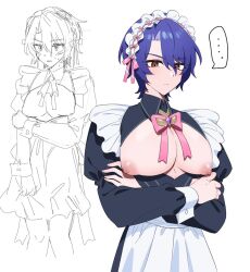  1boy alternate_costume androgynous apron blue_hair collared_shirt cropped_legs crossdressing dr._ratio_(honkai:_star_rail) dress enmaided hair_between_eyes honkai:_star_rail honkai_(series) maid maid_apron maid_headdress male_focus noritaira open_clothes open_shirt puffy_chest red_eyes shirt simple_background solo standing trap two-tone_eyes white_apron white_background  rating:Questionable score:5 user:animeboy12