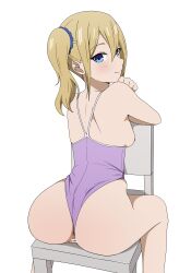  1girl absurdres anus ass back backboob bare_shoulders blonde_hair blue_eyes blue_scrunchie blush breasts breasts_out censored cleft_of_venus closed_mouth coro_fae double-parted_bangs feet_out_of_frame from_behind hair_between_eyes hair_ornament hair_scrunchie hayasaka_ai highleg highleg_swimsuit highres kaguya-sama_wa_kokurasetai_~tensai-tachi_no_renai_zunousen~ looking_at_viewer looking_back medium_hair nipples on_chair one-piece_swimsuit purple_one-piece_swimsuit pussy scrunchie side_ponytail simple_background sitting smile solo swimsuit tsurime white_background 