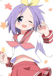  1girl absurdres blush commentary_request cynical_(llcbluckg_c004) english_text hairband highres hiiragi_tsukasa long_sleeves looking_at_viewer lucky_star medium_hair midriff_peek navel neckerchief one_eye_closed open_mouth purple_eyes purple_hair red_neckerchief red_sailor_collar red_skirt ryouou_school_uniform sailor_collar school_uniform serafuku shirt signature simple_background skirt smile solo star_(symbol) upper_body white_background white_shirt yellow_hairband  rating:General score:6 user:danbooru