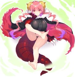 1girl :t animal_hands bare_legs barefoot black_cape black_panties black_shirt blush breasts cape cheek_rest claws closed_mouth commentary_request covered_erect_nipples crossed_legs curled_horns dragon_claw dragon_girl dragon_horns dragon_tail feet full_body gradient_hair green_background hanata highres horns huge_breasts ilulu_(maidragon) kobayashi-san_chi_no_maidragon legs long_hair looking_at_viewer monster_girl multicolored_hair no_pants panties partial_commentary pink_hair purple_hair red_cape red_eyes shirt shortstack simple_background sitting soles solo tail toenails toes torn_cape torn_clothes twintails two-sided_cape two-sided_fabric underwear very_long_hair yellow_horns rating:Sensitive score:45 user:danbooru