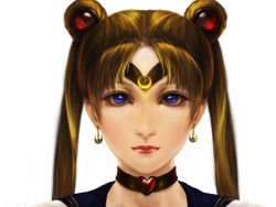  1990s_(style) 1girl bishoujo_senshi_sailor_moon blonde_hair blue_eyes choker close-up earrings expressionless hair_ornament heart jakuroi jewelry lips portrait realistic retro_artstyle sailor_collar sailor_moon solo tsukino_usagi twintails white_background 