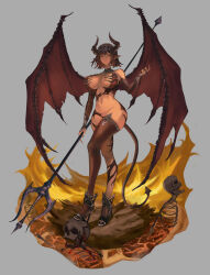  1girl absurdres breasts bridal_gauntlets brown_hair demon_girl demon_horns demon_tail demon_wings elbow_gloves fingernails fire full_body gloves grey_background hell high_heels highres holding_trident horns large_breasts long_fingernails navel orange_eyes original pointy_ears polearm revealing_clothes sharp_fingernails short_hair single_thighhigh skeleton skindentation skull solo tail teaz917 thighhighs trident weapon wings 