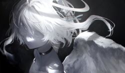  1girl angel angel_wings bare_shoulders black_background black_choker cg_gs6 choker closed_eyes closed_mouth collarbone colored_eyelashes commentary_request es_(es_p_riti) feathered_wings floating_hair hair_ribbon halo highres indie_utaite long_hair portrait ribbon simple_background solo white_hair white_theme white_wings wings 