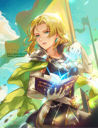  1girl armor artist_name blonde_hair book breasts cape cleavage commentary commission earrings elbow_gloves english_commentary fire_emblem fire_emblem:_the_sacred_stones gloves green_cape highres holding holding_book jewelry large_breasts looking_to_the_side lunachaiart nintendo pauldrons selena_(fire_emblem:_the_sacred_stones) shoulder_armor watermark white_gloves 