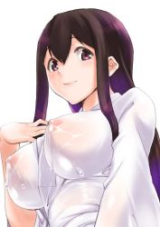 10s 1girl akagi_(kancolle) blush breasts brown_eyes brown_hair commentary_request covered_erect_nipples from_below huge_breasts japanese_clothes kantai_collection lactation lactation_through_clothes long_hair looking_at_viewer looking_down nipples no_bra see-through shinama smile solo upper_body rating:Questionable score:35 user:danbooru