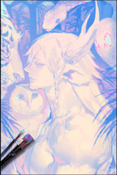  1boy animal_ears barn_owl bird closed_eyes faux_traditional_media from_side horns long_hair male_focus original owl paintbrush pale_color pigeon666 profile signature snake solo tiger  rating:Sensitive score:1 user:danbooru