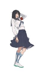  1girl absurdres arched_back armband artist_name atarashii_gakkou_no_leaders black_hair bob_cut breasts full_body glasses high_socks highres japanese_text long_sleeves looking_at_viewer medium_hair multicolored_footwear petite round_eyewear sailor_collar school_uniform serafuku shoes signature simple_background small_breasts socks standing striped_clothes striped_socks sugata_dski suzuka_(atarashii_gakkou_no_leaders) tagme tongue tongue_out translation_request twitter_username uwabaki white_background white_footwear white_serafuku white_socks  rating:General score:2 user:Slang8808