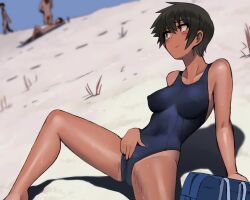  1girl 3others arm_support bag beach black_hair blush breasts closed_mouth collarbone commentary_request competition_swimsuit covered_erect_nipples covered_navel dark_skin day green_hair handbag highres kuronami_(lvi) looking_at_another lvi masturbation medium_breasts multiple_others nude_beach one-piece_swimsuit original outdoors public_indecency public_nudity school_swimsuit short_hair smile solo solo_focus spread_legs sweat swimsuit tan wet 