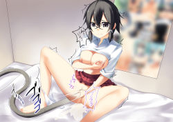  1girl anus asada_shino bare_legs barefoot bed black_eyes black_hair breasts closed_mouth collared_shirt commission glasses grabbing_own_breast hair_between_eyes hair_ribbon highres holding large_breasts leaning_back masturbation motion_lines navel nipple_stimulation nipple_tweak nipples on_bed panties panties_around_leg pee peeing poster_(object) pussy red_skirt ribbon sera_sonon shirt short_hair sidelocks sitting skirt sleeves_rolled_up solo sound_effects speech_bubble spread_legs sword_art_online tearing_up trembling uncensored underwear vacuum_cleaner white_panties white_shirt x-ray  rating:Explicit score:17 user:asashima