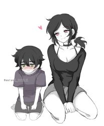  1boy 1girl aged_down andrew_graves ashley_graves black_hair blush breasts brother_and_sister choker cleavage green_eyes heart medium_breasts ponytail red_eyes shorts siblings simple_background the_coffin_of_andy_and_leyley twitter_username watasi_tokimi  rating:General score:52 user:danbooru