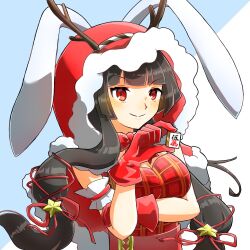  1girl animal_ears arm_up black_hair blue_background blunt_bangs blush bow bowtie breasts cleavage closed_mouth commentary_request fur-trimmed_hood fur_trim gloves holding holding_mahjong_tile hood ibispaint_(medium) jimuin_ao kaguyahime_(mahjong_soul) long_hair looking_at_viewer mahjong mahjong_soul mahjong_tile medium_bangs medium_breasts plaid plaid_shirt rabbit_ears rabbit_girl red_bow red_bowtie red_eyes red_gloves red_hood red_shirt shirt sidelocks sleeveless sleeveless_shirt smile solo two-tone_background upper_body v-shaped_eyebrows white_background 
