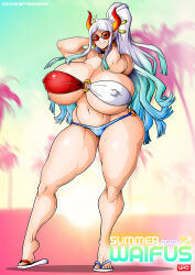  1girl arms_behind_head bikini blue_hair breasts choker covered_erect_nipples curvy earrings female_focus full_body gigantic_breasts hair_ornament hair_stick highres horns jewelry long_hair looking_at_viewer multicolored_hair navel one_piece ponytail sandals skindentation solo sunglasses swimsuit thick_thighs thighs two-tone_hair underboob white_hair wide_hips witchking00 yamato_(one_piece) 