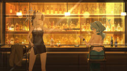  2girls absurdres ako_(blue_archive) ako_(dress)_(blue_archive) alisi backless_dress backless_outfit bar_(place) bare_shoulders black_choker black_dress black_hair black_hairband black_horns black_wings blue_archive blue_dress blue_eyes blue_hair blue_halo bottle breasts chair choker cigarette collarbone commentary_request demon_horns dress ear_piercing grey_halo gun hair_between_eyes hairband halo hand_on_own_hip handgun highres holding holding_cigarette holding_gun holding_weapon horns indoors jewelry kayoko_(blue_archive) kayoko_(dress)_(blue_archive) large_breasts long_hair looking_at_another looking_at_viewer mole mole_on_collarbone mole_on_neck multicolored_hair multiple_girls official_alternate_costume piercing red_eyes sideboob sideless_dress single_handcuff single_wing sitting sleeveless sleeveless_dress smoke smoking standing studded_choker suppressor weapon white_hair wings 