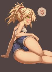 1girl anger_vein arm_support ass bandeau bare_legs bare_shoulders bell black_background blonde_hair blush braid denim denim_shorts fate/apocrypha fate_(series) feet_out_of_frame french_braid from_behind from_below green_eyes hair_ornament hair_scrunchie highres kneepits long_hair looking_back mordred_(fate) open_mouth osabachan pocket ponytail profile scrunchie shorts simple_background solo speech_bubble spoken_anger_vein sweat thighs tsurime v-shaped_eyebrows rating:Questionable score:35 user:danbooru