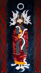  1girl absurdres animal barefoot black_border black_eyes black_hair blue_background border closed_mouth commentary dot_nose dress english_commentary expressionless green_scarf hair_between_eyes highres holding holding_animal jitome looking_at_viewer low_twintails oni original ouroboros painting_(medium) patterned_clothing pillarboxed red_dress scarf sidelocks snake solo standing traditional_media twintails white_snake yellow_trim zozoru 