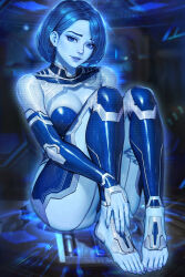  1girl blue_bodysuit blue_eyes blue_hair blue_skin blurry blurry_background bodysuit breasts cleavage_cutout clothing_cutout colored_skin commentary cortana english_commentary eyelashes halo_(series) halo_infinite hand_on_own_thigh highres hologram mixed-language_commentary nail_polish neoartcore parted_lips purple_nails short_hair solo thai_commentary the_weapon_(halo_infinite) toenail_polish toenails toes 