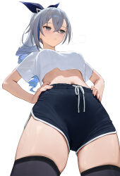  1girl ai-assisted amiki_2 black_shorts black_thighhighs blush breath clip_studio_paint_(medium) cowboy_shot cropped_shirt double-parted_bangs drill_hair grey_eyes grey_hair gym_shorts hair_between_eyes hands_on_own_hips highres honkai:_star_rail honkai_(series) long_hair parted_lips shirt short_sleeves shorts silver_wolf_(honkai:_star_rail) simple_background solo standing sweat t-shirt thighhighs thighs white_background white_shirt  rating:Sensitive score:49 user:danbooru